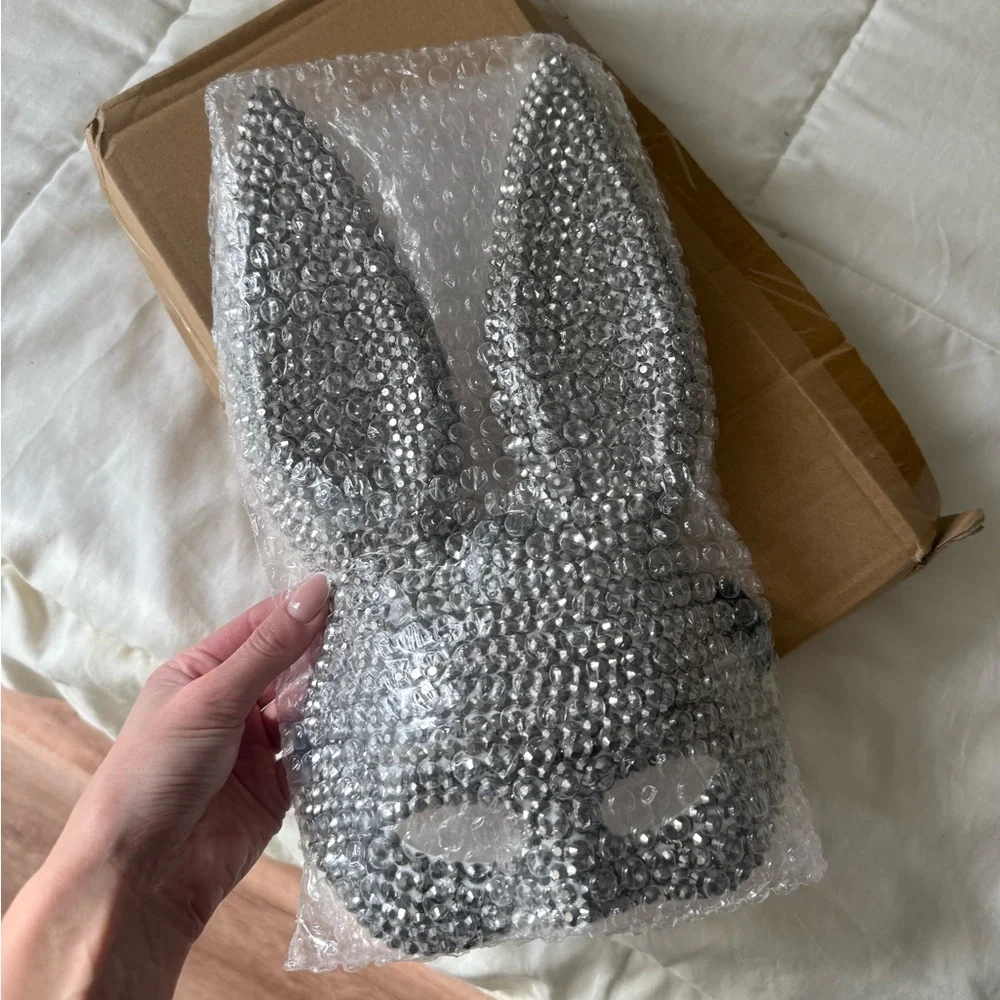 Silver Rhinestone Bunny Ears Mask